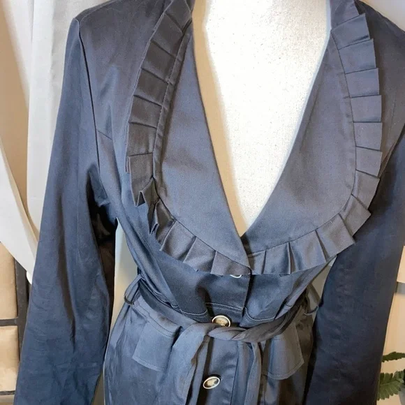 Blue Medium Ruffle Tie Waist Button Women’s Trench Coat Jacket GUC Faux Pockets - Picture 2 of 12